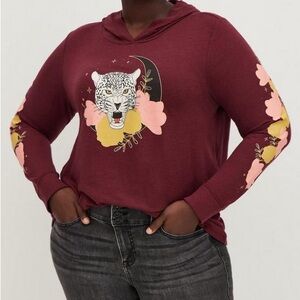 Hoodie Tee - Triblend Jersey Floral Cheetah Wine